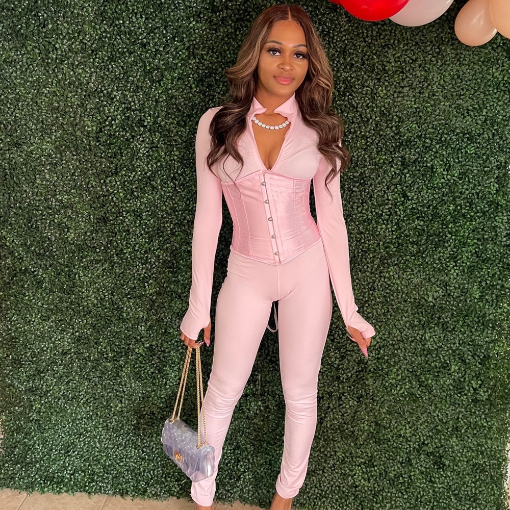 Pink one piece with satin corset 😍